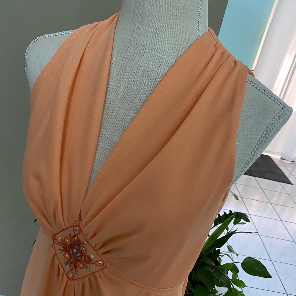 Vintage 2 pc Halter Dress Gown Jacket 70s Knit JC Penneys Coral Embellished 70s - Picture 7 of 16